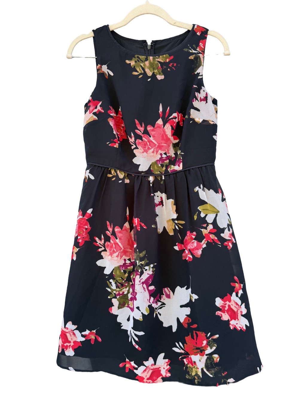 LOFT Women Black Pink Floral Sleeveless Fit & Flare Dress 0P Classic Cocktail